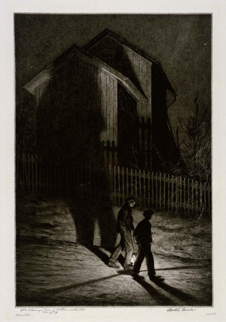 two children are walking in the dark near a house with a shadow cast on it