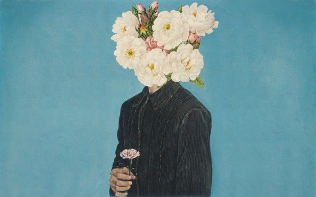 a painting of a man with flowers on his head, holding a flower bouquet in front of his face