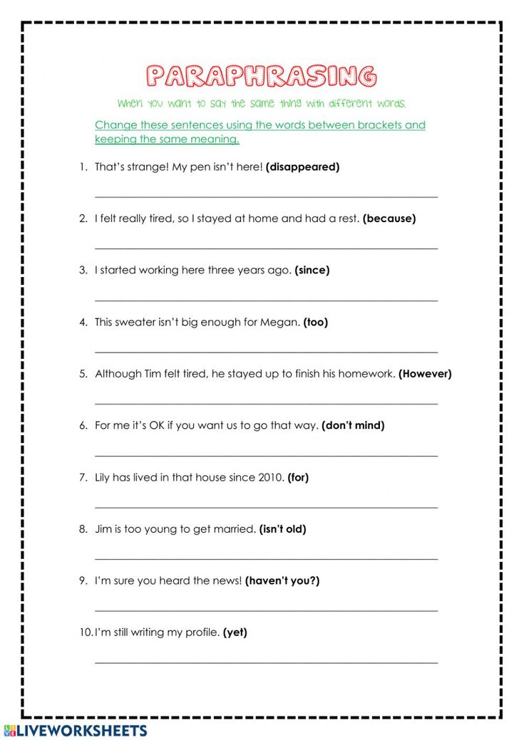 the worksheet for paraphrasing