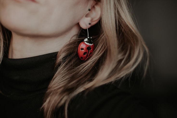 "Handmade artistic Ladybug hook polymer clay earrings, nice gift for Her. Beautiful, bright and stylish lady bug earrings for bug lovers. Complete with gift box. Size: High 2.16\" (5.5 cm) Width 1.37\" (3.5 cm). Earrings color shades may vary from monitor to monitor." Bug Earrings, Artistic Earrings, Stylish Lady, Bird Earrings, Vegan Leather Bag, Red Earrings, Earrings Red, Black Earrings, Lady Bug