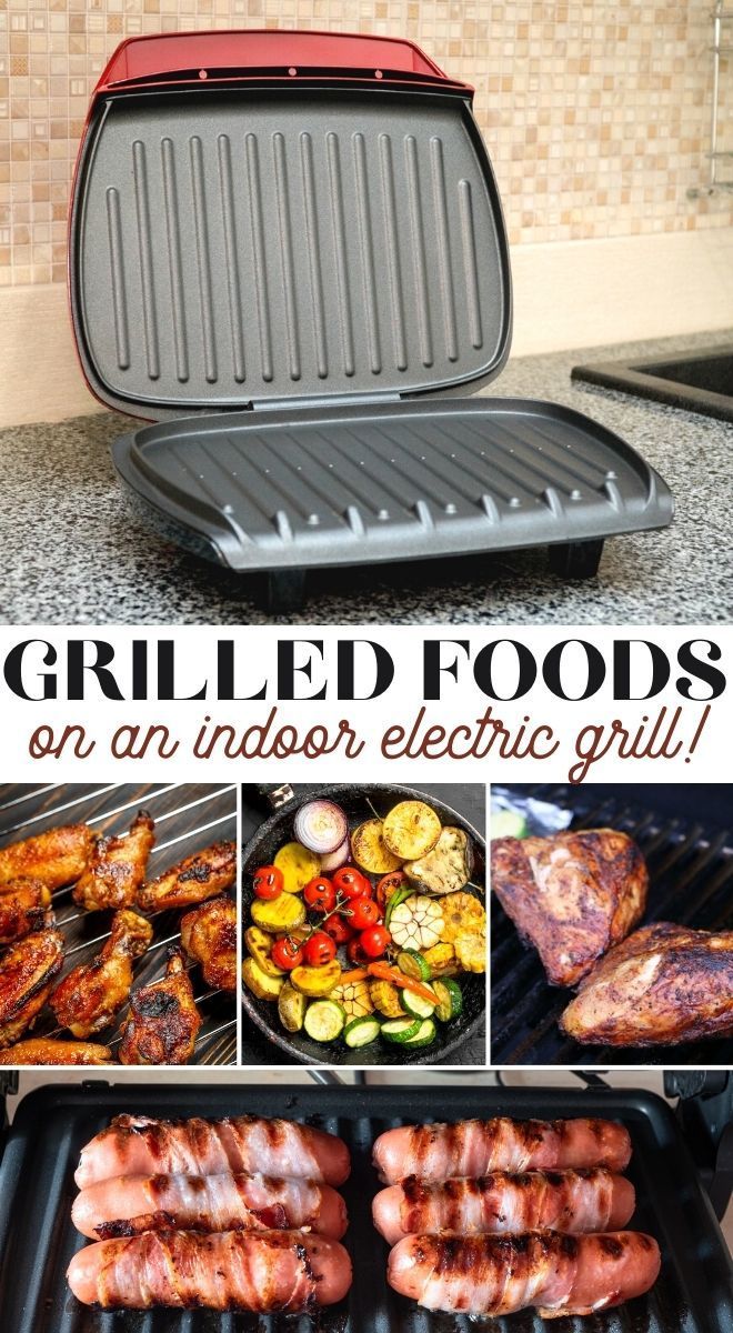 grilled foods on an indoor electric grill with text overlay that reads grilled foods on an indoor electric grill