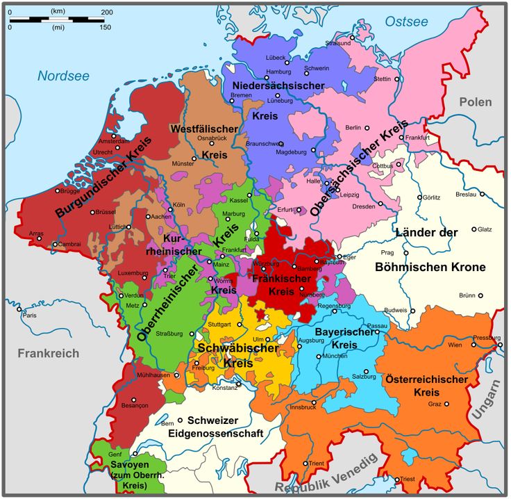 a map of germany with all the major cities and towns in red, green, blue, yellow