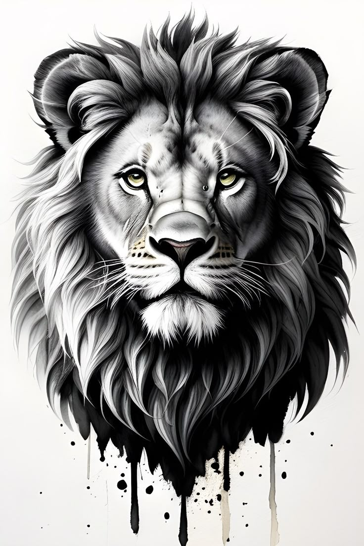 Black and white lion portrait, created by AI and using a paint drip effect. Lion Art Tattoo, Lion Sketch, Lioness Tattoo, Black And White Lion, Lion Tattoo Sleeves, Lion Head Tattoos, Tiger Tattoo Design, Lion Artwork, Lion Photography