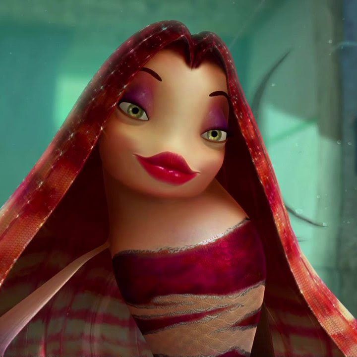 an animated character with long red hair and big green eyes, wearing a striped dress