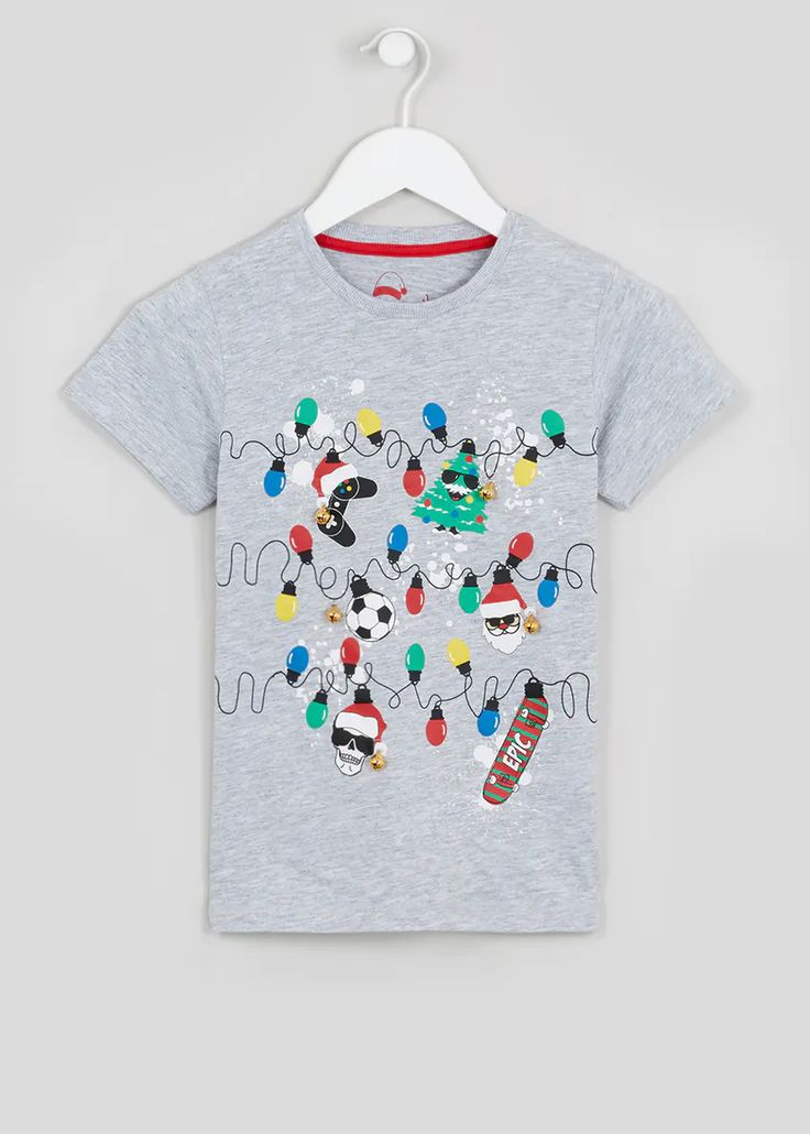 Christmas Lights T-Shirt – Grey – Matalan Boys Christmas Tshirt, Christmas Shirt Boys, Christmas Streetwear Cotton T-shirt, Diy Christmas Shirts, White Christmas T-shirt With Character Print, Novelty Christmas T-shirt With Graphic Print, Grey Christmas, Thoughtful Christmas Gifts, Christmas Shop