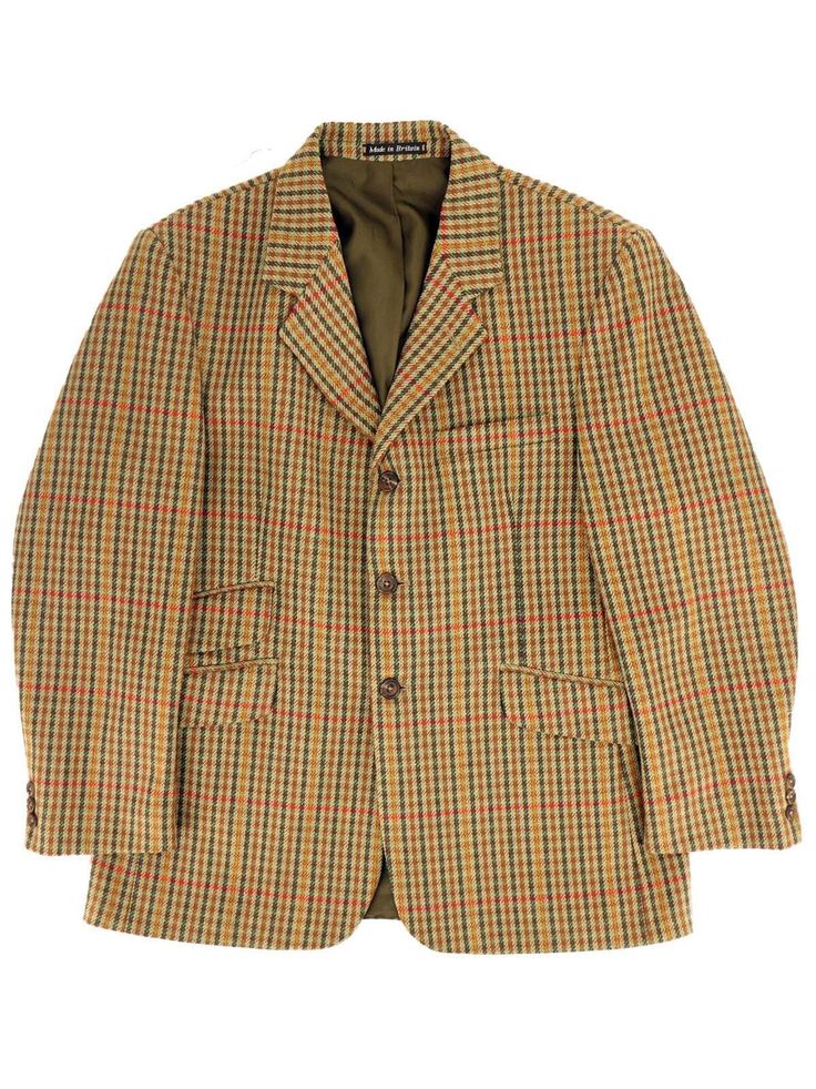 Neutral-toned vintage jacket with a bold check pattern in green, red, tan, and ochre. A unique addition to your collection, this jacket has a rare double flap pocket arrangement on its right side, with a single flap pocket and a breast pocket on the other. Featuring a three-button single-breasted fastening in front, the jacket has three additional buttons at each cuff and double back vents. Made from a high-quality fibre and fully lined.  Made in Great Britain for the Holden label. Measurements: Chest: 40 inch / 102 cm Jacket Length: 29 inch / 74 cm Shoulders: 19 inch / 48 cm Sleeve: 24 inch / 61 cm Vintage Style Shoes, Vintage Knitwear, Vintage Gloves, Vintage Tank Top, Vintage Trousers, Vintage Tank, Stole Scarf, Vintage Suits, Vintage Style Dresses