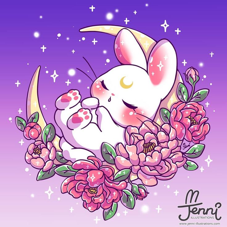 a cartoon mouse sleeping on the moon with pink flowers in front of purple sky and stars