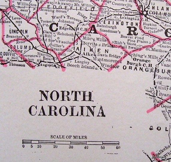 a map of north carolina with red marker marks on it's back side and the surrounding areas marked in pink