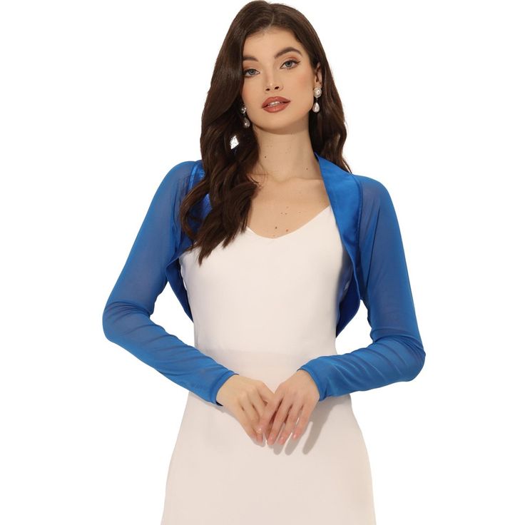 This sheer-sleeve shrug in a soft and lightweight fabric makes an easy, elegant top that can be worn cinched at the shoulder. Complete with fashion chiffon bolero shrugs running through the neck, highlighting the neckline. Perfect for slipping on over your occasions and events. This contemporary cover-up is designed for a clean, collarless silhouette so it is precisely cropped above the waist. Formal Fitted Chiffon Tops, Long Sleeve Summer Shrug For Party, Elegant Stretch Shrug For Layering, Chic Fitted Summer Shrug, Fitted Summer Shrug For Layering, Fitted Shrug For Summer Layering, Long Sleeve Spring Evening Shrug, Fitted Blue Shrug For Spring, Long Sleeve Shrug For Spring Evenings