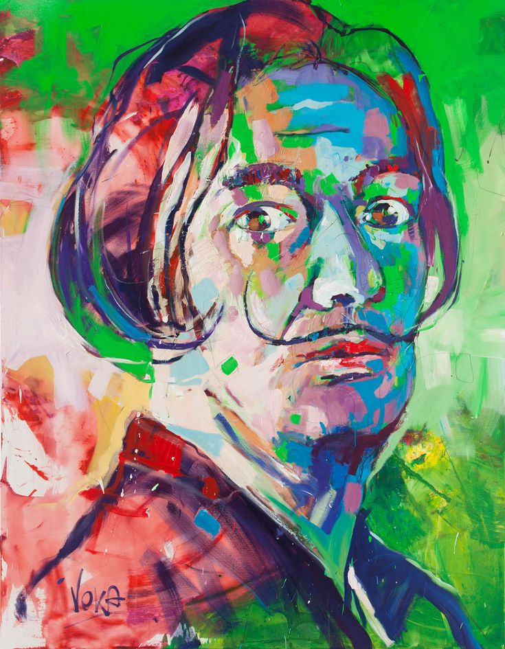 a painting of a man with long hair and glasses on his face, in front of green background