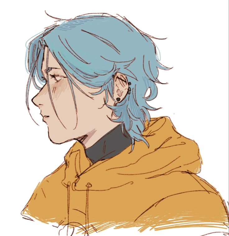 a drawing of a person with blue hair wearing a yellow jacket and earrings