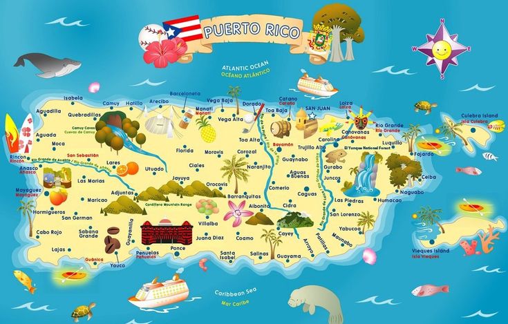 an illustrated map of puerto rico with all the major cities and their main attractions on it