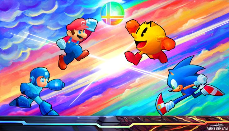 mario and sonic running through the sky with each other in front of rainbow colored clouds