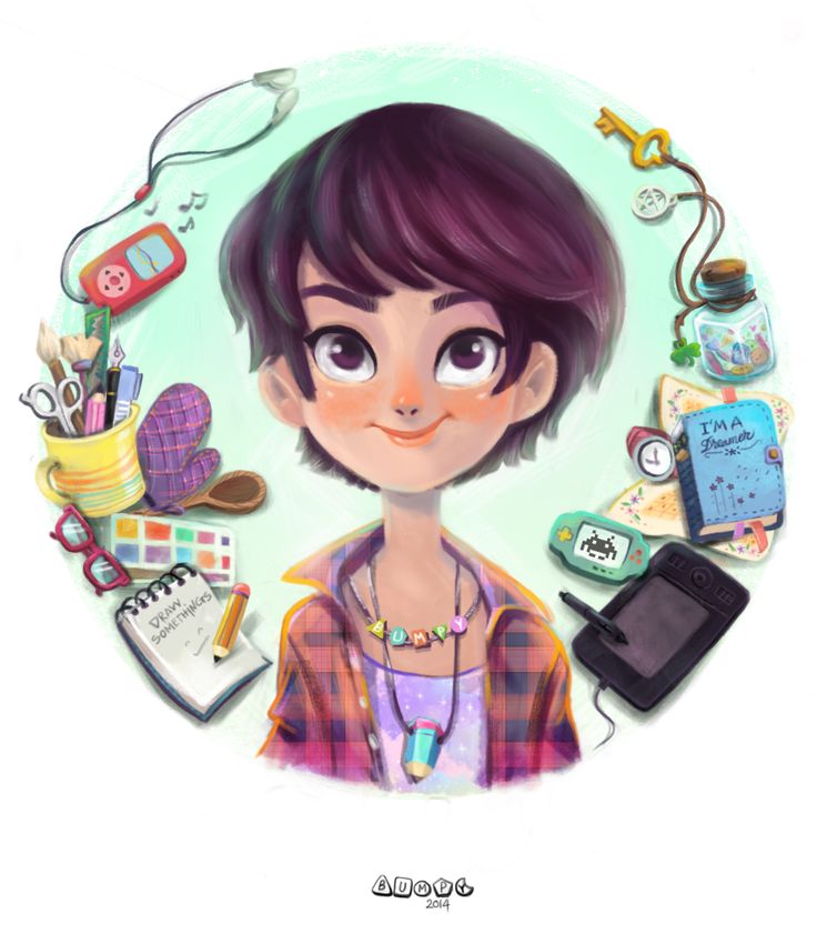 a drawing of a girl with purple hair and various items around her, including a cell phone