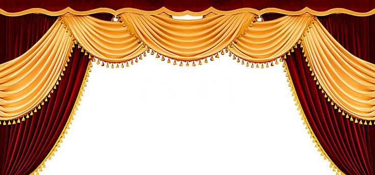 a red and gold stage curtain with curtains on the sides, in front of a white background