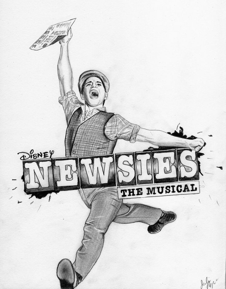 a drawing of a man holding a sign that reads newsies the musical