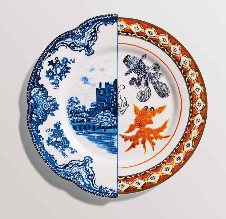 two plates with different designs on them, one is blue and the other is orange