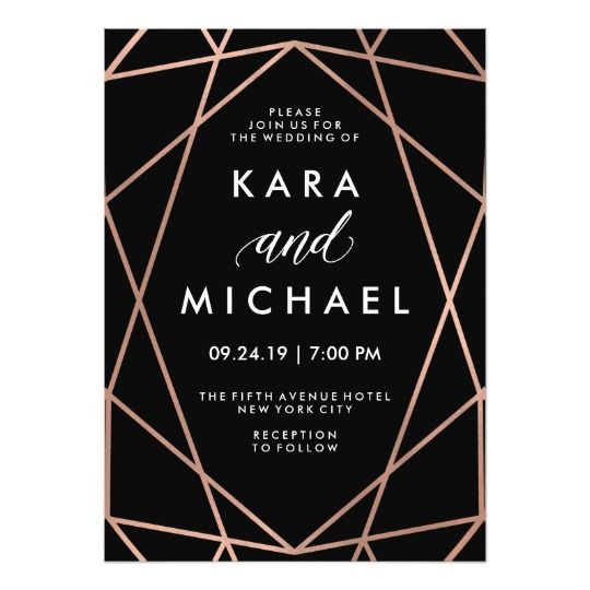 Modern Geometric Faux Rose Gold on Black Wedding Invitation | Zazzle ...