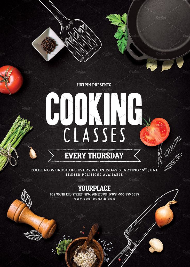 the cooking classes flyer is displayed on a blackboard with vegetables and utensils