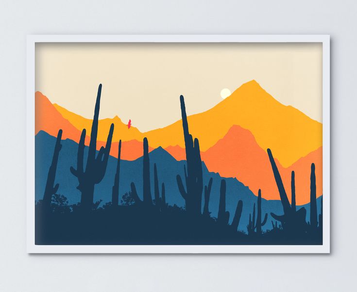 an art print of the desert with mountains and cacti in the foreground