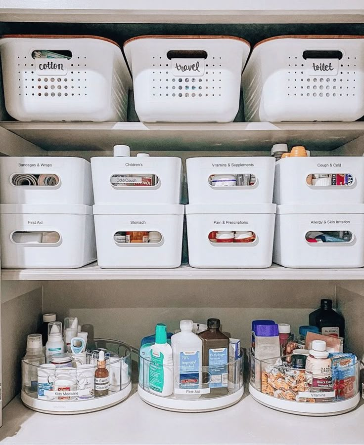 the shelves are organized with containers and bins to keep things fresh or dry in