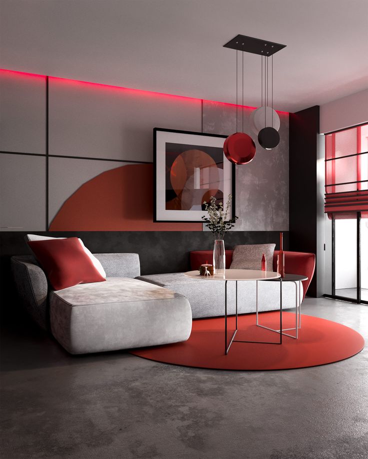 a living room filled with furniture and red lighting on the walls, along with an orange rug