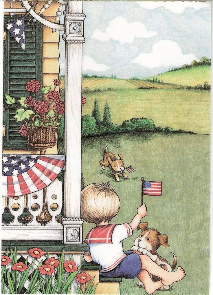 a little boy sitting on the porch holding an american flag with a dog in front of him