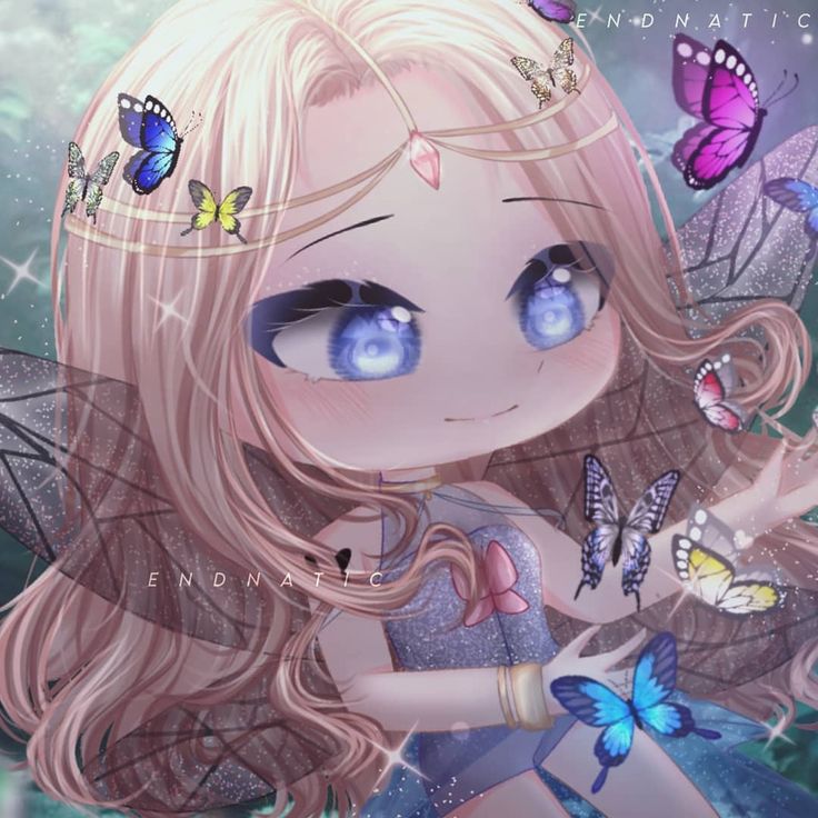 a girl with blue eyes and butterflies on her head is holding a butterfly in her hand