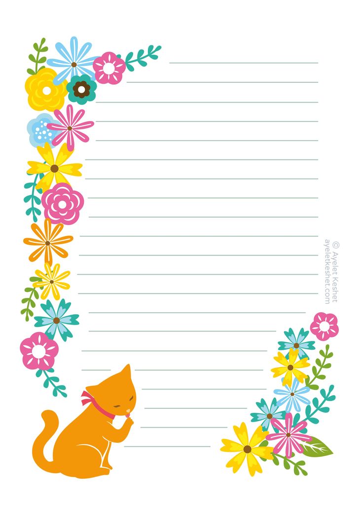 an orange cat sitting in front of a flower border with lined paper and flowers around it