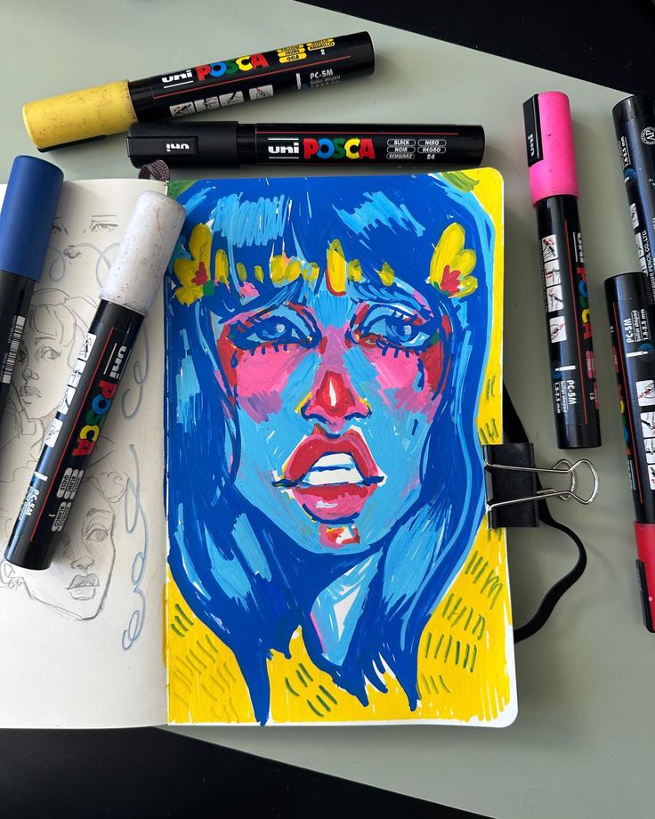 a drawing of a woman's face on a notebook with crayons and markers