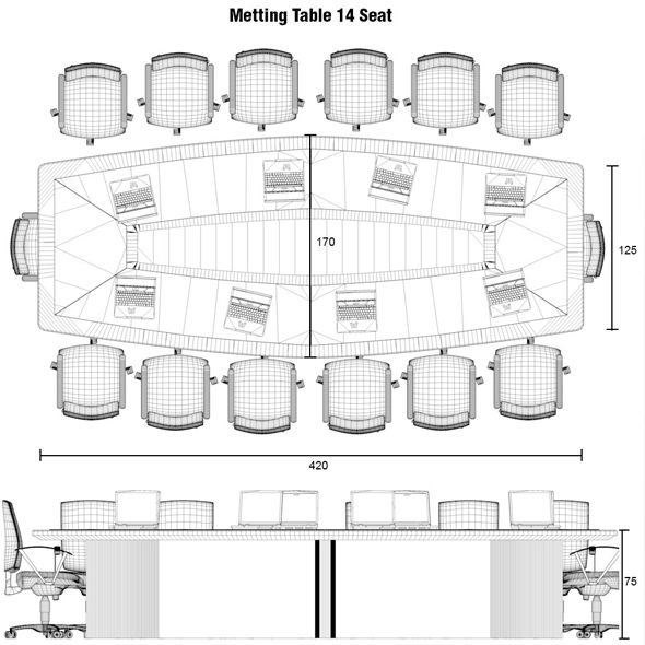 a drawing of a meeting table with four chairs and two tables on each side, along with