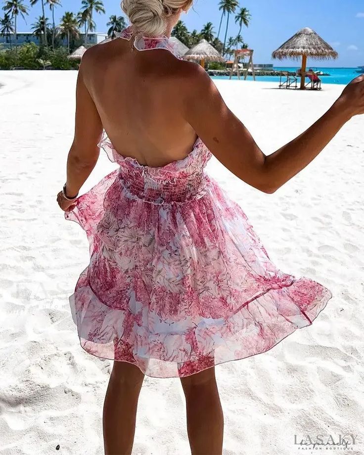 Lasaky - Halter Ruffled Hem Plant Print Dress Halter Backless Dress, Vintage Mini Dresses, Printed Robe, Floral Print Design, Top Skirt Set, Estilo Chic, Short Dresses Casual, Plant Print, Types Of Dresses