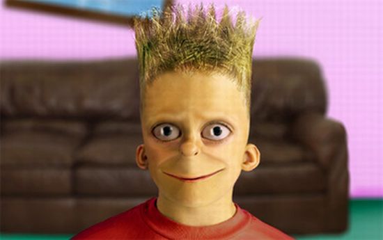 a cartoon character with hair on top of it's head in front of a couch