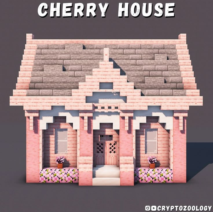 a pink brick house with the words cherry house on it's front and side