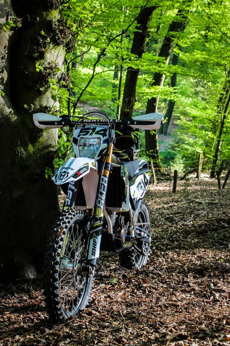 a dirt bike parked next to a tree in the woods