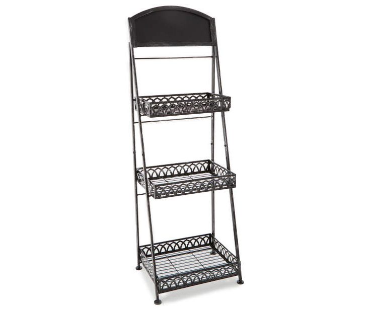 three tiered metal shelf with wheels and shelves on each side, in black finish