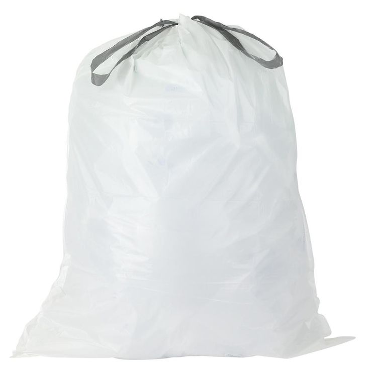 a white plastic bag with black handles and draws on the bottom is shown against a white background