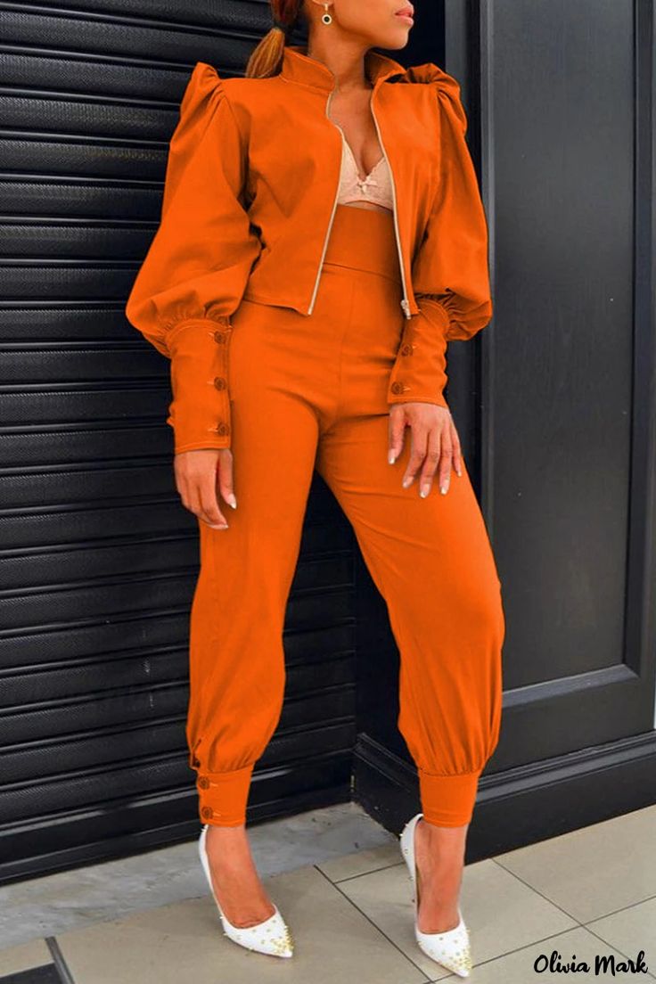 Olivia Mark - Premium Womens Solid Blue Patchwork Mandarin Collar Two-Piece Blouse Set with Long Sleeves Chic And Classy Outfits, Woman Suit, Orange Outfit, Two Piece Outfits, Two Piece Pants Set, Woman Suit Fashion, Zipper Shorts, Pant Suits, How To Hem Pants