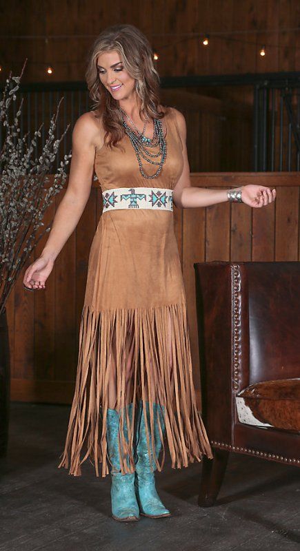 Wrangler Premium suede long fringe dress Long Fringe Dress, Mode Country, Turquoise Boots, Vintage Dresses Online, Urban Cowgirl, Native Dress, Native American Clothing, Wilde Westen, Looks Country