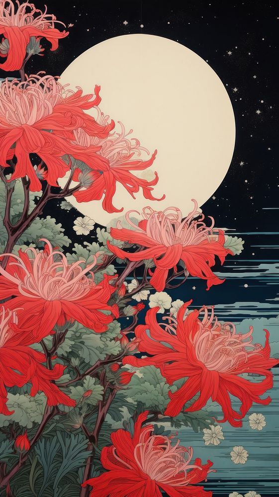 a painting of red flowers in front of a full moon