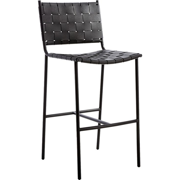 a black leather bar stool with an iron frame and woven seat pad, viewed from the front