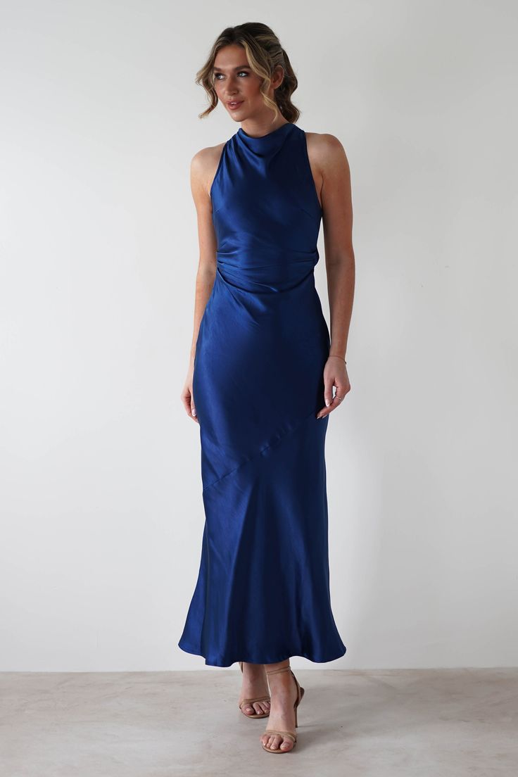 Stefanie Soft Satin Maxi Dress | Navy Wedding Guest Halter Dress, Blue Winter Wedding Guest Dress, Date Night Satin Halter Neck Dress With Tie Back, Satin Cross-back Dress For Date Night, Satin Cross Back Dress For Date Night, Fitted Halter Neck Satin Dress For Date Night, Satin Fitted Halter Bridesmaid Dress, Fitted Satin Halter Dress For Bridesmaids, Fitted Satin Halter Bridesmaid Dress