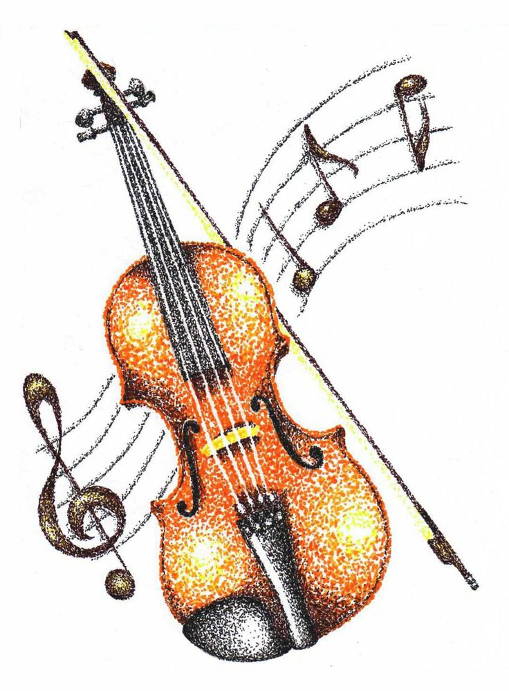 a drawing of a violin with musical notes