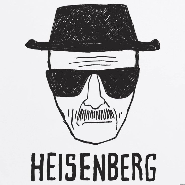 a black and white drawing of a man wearing sunglasses with the words heisenberg on it