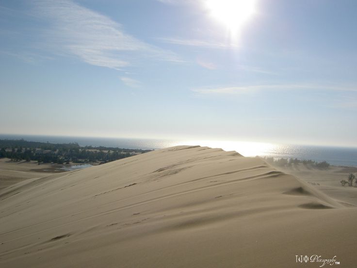 the sun shines brightly over sand dunes