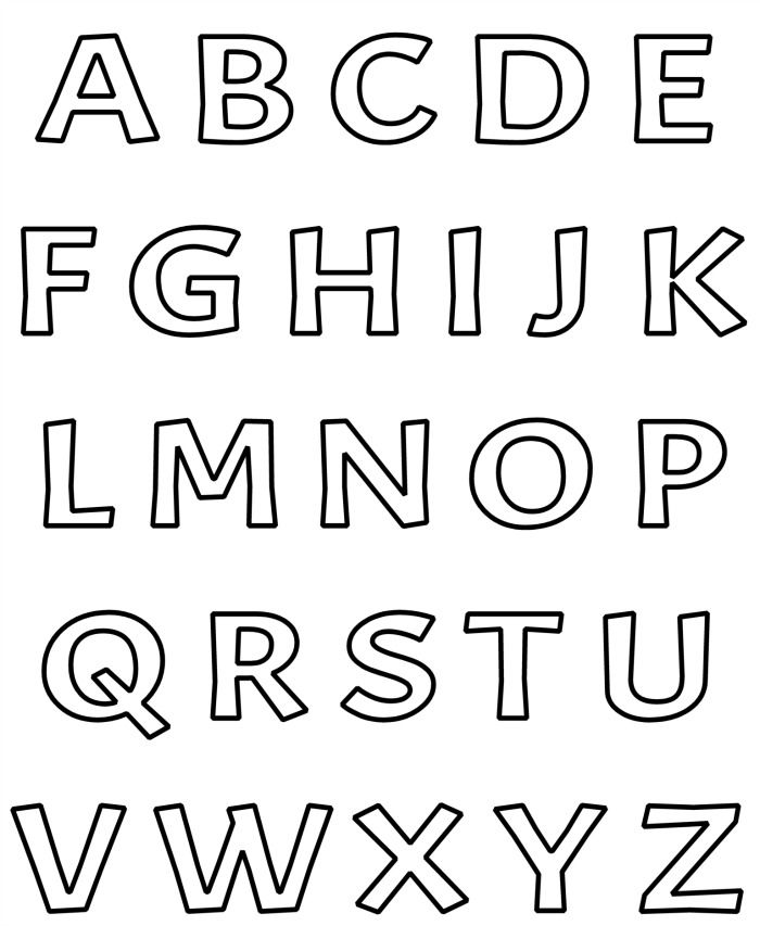 the alphabet is outlined in black and white, with letters that are not yet visible