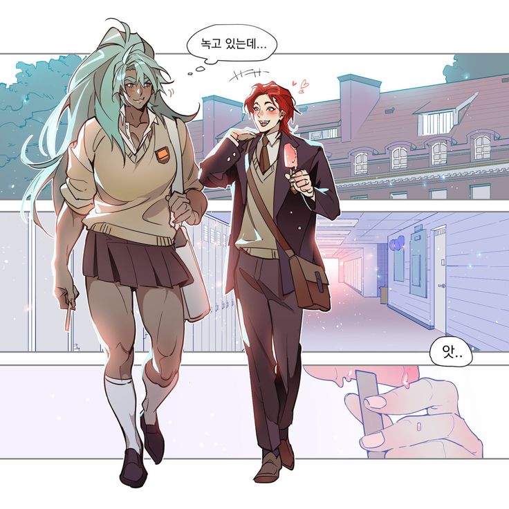 two people in school uniforms are walking down the street, one is talking to the other