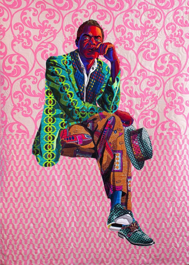 a painting of a man sitting on top of a pink and green patterned wallpaper