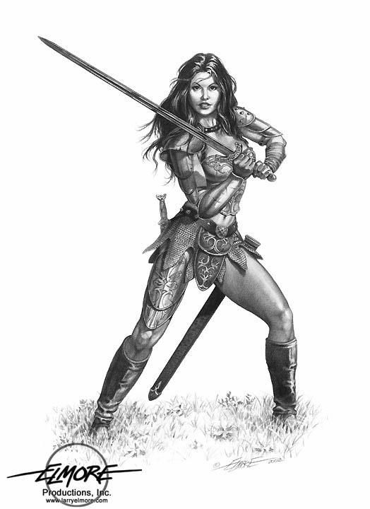 a pencil drawing of a woman in armor holding two swords and standing on the grass