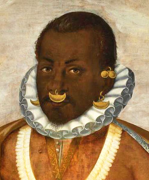 an old painting of a man with fake mustaches on his head and beard ring around his neck